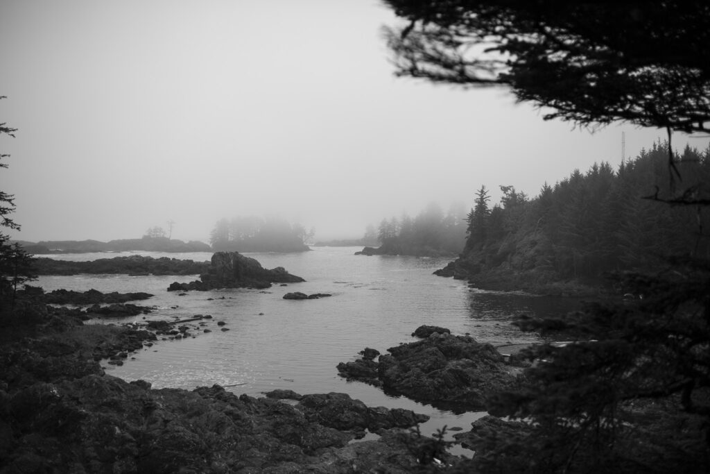 randonnée côtière sur la wild pacific trail dans une ambiance pluvieuse